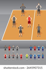 Volleyball Team Formation with grey uniform and the captain wear red on the Court