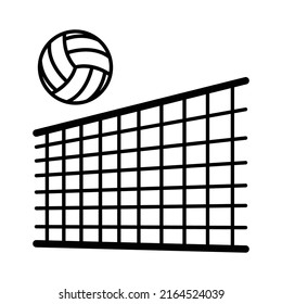 Volleyball is a team game. A ball flying over a volleyball net. Grid in perspective. Volleyball element. Cartoon illustration in the style of flat and contour graphics.