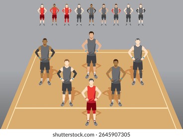 Volleyball Team Male Formation in grey uniforms and captain wear red on the Court