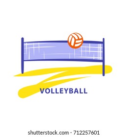 Volleyball team, school, club template logo. Vector sketch illustration. Line sketch image ball and net. Beach championship. Print on t-shirt.