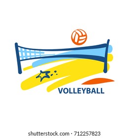 Volleyball team, school, club template logo. Vector sketch illustration. Line sketch image ball and net. Beach championship. Print on t-shirt.