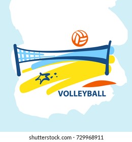 Volleyball team, school, club template logo. Vector illustration. Line sketch image ball and net. Beach competition championship sign. Print on t-shirt.
