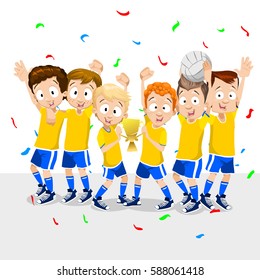 Volleyball team waving hands and smiling for photo. Children's volleyball team. Portrait of young players. Vector illustration of a flat design