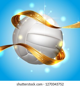 volleyball text on an abstract background, sports gold ribbon of liquid paint on blue sky background