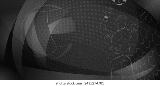 Volleyball themed background in black tones with abstract meshes, curves and dotted lines, with a male volleyball player hitting the ball