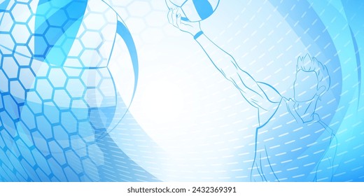 Volleyball themed background in blue tones with abstract meshes, curves and dotted lines, with a male volleyball player hitting the ball