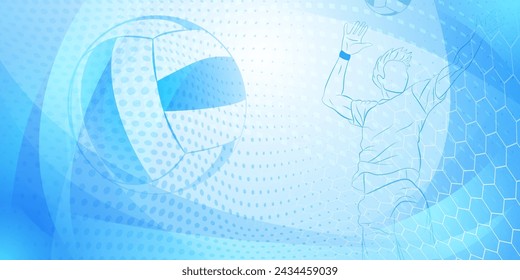 Volleyball themed background in blue tones with abstract meshes, curves and dotted lines, with a male volleyball player hitting the ball