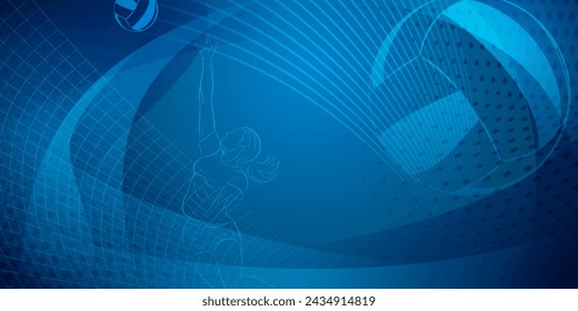 Volleyball themed background in blue tones with abstract lines, curves and dots, with a female volleyball player hitting the ball