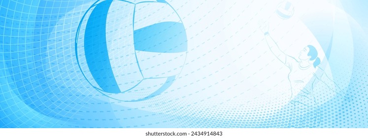 Volleyball themed background in blue tones with abstract meshes, curves and dotted lines, with a female volleyball player hitting the ball