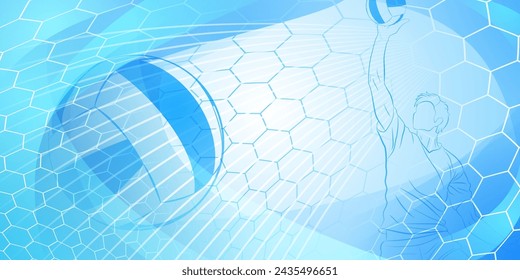 Volleyball themed background in blue tones with abstract meshes, curves and lines, with a male volleyball player hitting the ball