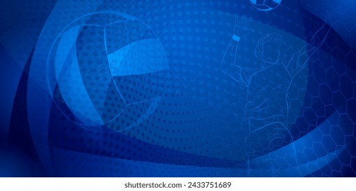 Volleyball themed background in dark blue tones with abstract meshes, curves and dotted lines, with a male volleyball player hitting the ball