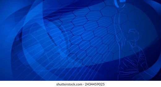 Volleyball themed background in dark blue tones with abstract meshes, curves and lines, with a male volleyball player hitting the ball