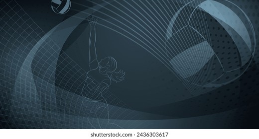 Volleyball themed background in dark tones with abstract lines, curves and dots, with a female volleyball player hitting the ball