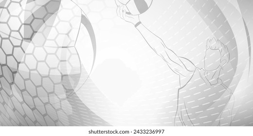 Volleyball themed background in gray tones with abstract meshes, curves and dotted lines, with a male volleyball player hitting the ball