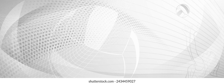 Volleyball themed background in gray tones with abstract meshes, curves and dotted lines, with a female volleyball player hitting the ball