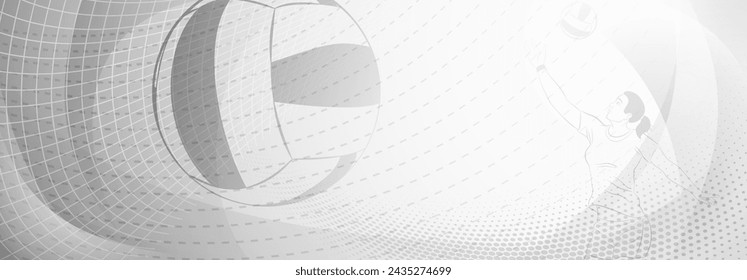 Fondo temático de voleibol en tonos grises con mallas abstractas, curvas y líneas de puntos, con una jugadora de voleibol golpeando la pelota