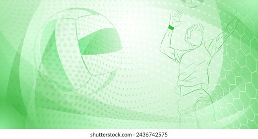 Volleyball themed background in green tones with abstract meshes, curves and dotted lines, with a male volleyball player hitting the ball