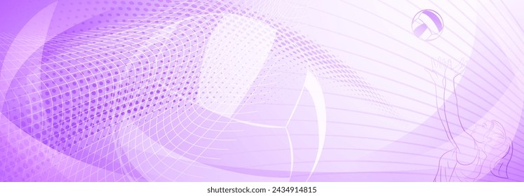 Volleyball themed background in purple tones with abstract meshes, curves and dotted lines, with a female volleyball player hitting the ball