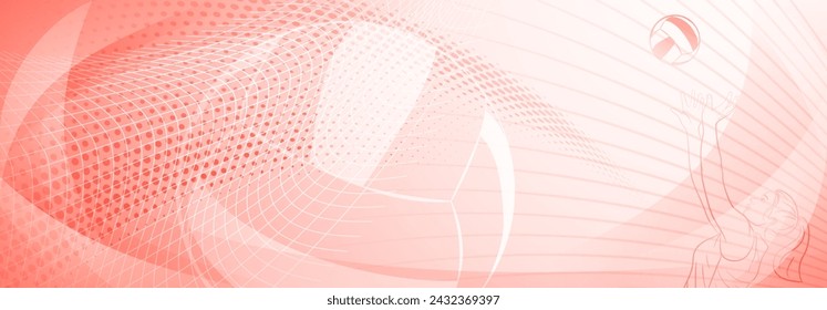 Volleyball themed background in red tones with abstract meshes, curves and dotted lines, with a female volleyball player hitting the ball