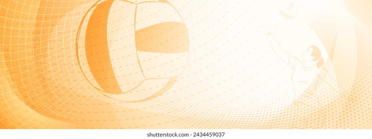 Volleyball themed background in yellow tones with abstract meshes, curves and dotted lines, with a female volleyball player hitting the ball