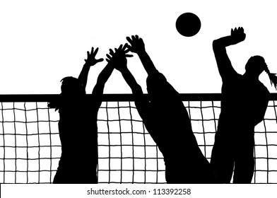 Volleyball three women and ball silhouette vector