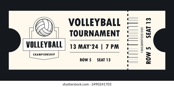 Volleyball torn-off ticket template. Vector illustration of entrance ticket for volleyball play. Modern linear badge design with ball. Editable stroke.