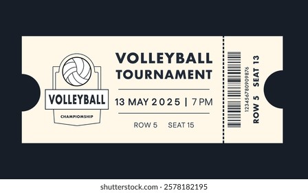 Volleyball torn-off ticket template. Vector illustration of entrance ticket for volleyball play. Modern linear badge design with ball. Editable stroke.