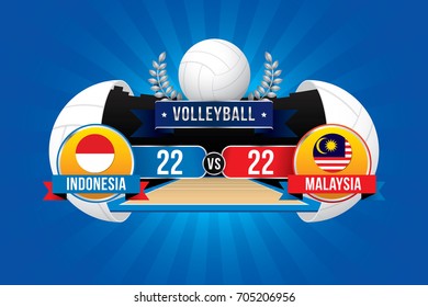 Volleyball tournament design with players and scoreboard.