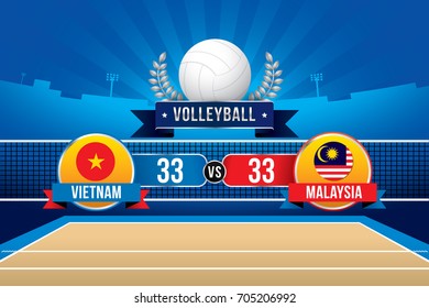 Volleyball tournament design with players and scoreboard.