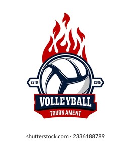 Volleyball tournament. Label template with volleyball ball. Design element for logo, label, emblem, badge, sign.