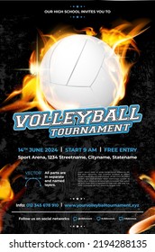 Volleyball tournament poster template with ball on fire - vector illustrati...