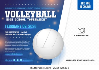 Volleyball tournament poster template with ball and place for your photo - vector illustration