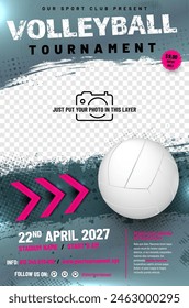 Volleyball tournament poster template with ball, arrows and place for your photo - vector illustration