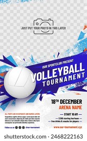 Volleyball tournament poster template with ball and place for your photo - vector illustration