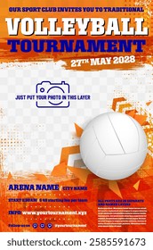 Volleyball tournament poster template with ball, grungy elements and place for your photo - vector illustration