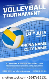 Volleyball tournament poster template with ball, net and sunny blue sky in background. Copy space for your text. Vector illustration.