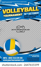 Volleyball tournament poster template with ball, grungy and halftone elements and place for your photo - vector illustration