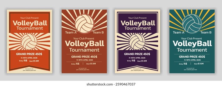 Volleyball tournament posters, flyer with volleyball ball  template Volleyball championship flyer layout design, vector, award ribbon, flyer - leaflet, laurel wreath, leisure games, match - sport, net