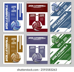 Volleyball tournament posters and flyer with a volleyball ball template Volleyball championship flyer layout design with vector elements award ribbon leaflet laurel wreath leisure games sports match.