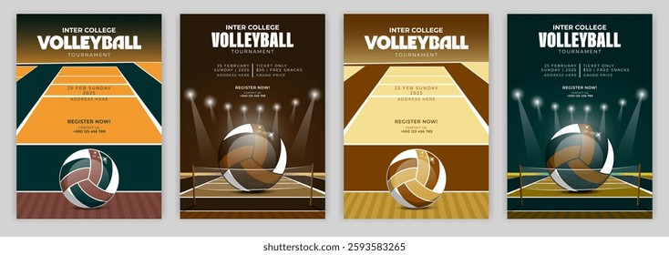 Volleyball tournament posters and flyer with a volleyball ball template Volleyball championship flyer layout design with vector elements award ribbon leaflet laurel wreath leisure games sports match.