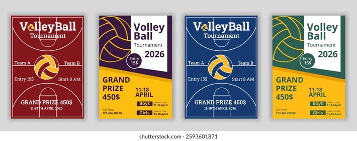 Volleyball tournament posters, flyer with volleyball ball template Volleyball championship flyer layout design, vector, award ribbon, flyer - leaflet, laurel wreath, leisure games, match - sport, net