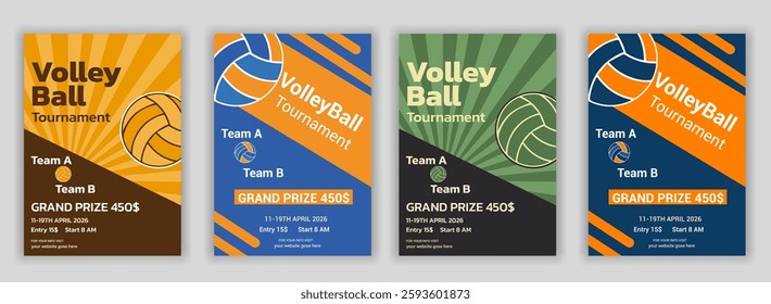 Volleyball tournament posters, flyer with volleyball ball template Volleyball championship flyer layout design, vector, award ribbon, flyer - leaflet, laurel wreath, leisure games, match - sport, net