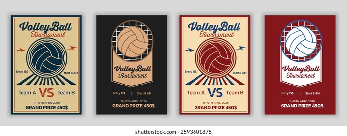 Volleyball tournament posters, flyer with volleyball ball template Volleyball championship flyer layout design, vector, award ribbon, flyer - leaflet, laurel wreath, leisure games, match - sport, net