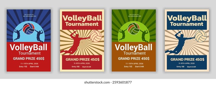 Volleyball tournament posters, flyer with volleyball ball template Volleyball championship flyer layout design, vector, award ribbon, flyer - leaflet, laurel wreath, leisure games, match - sport, net