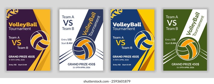 Volleyball tournament posters, flyer with volleyball ball template Volleyball championship flyer layout design, vector, award ribbon, flyer - leaflet, laurel wreath, leisure games, match - sport, net