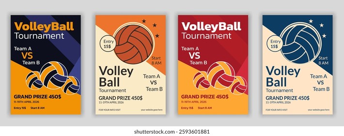 Volleyball tournament posters, flyer with volleyball ball template Volleyball championship flyer layout design, vector, award ribbon, flyer - leaflet, laurel wreath, leisure games, match - sport, net