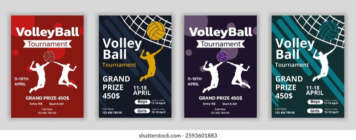 Volleyball tournament posters, flyer with volleyball ball template Volleyball championship flyer layout design, vector, award ribbon, flyer - leaflet, laurel wreath, leisure games, match - sport, net