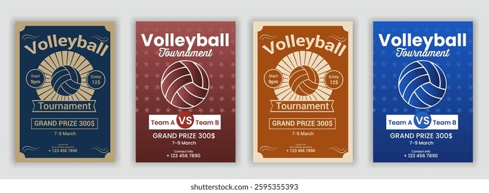 Volleyball tournament posters, flyer with volleyball ball - template vector design vintage flyer award, championship, competition, contest, message, playing, poster, success, vertical