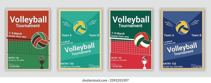 Volleyball tournament posters, flyer with volleyball ball - template vector design vintage flyer award, championship, competition, contest, message, playing, poster, success, vertical