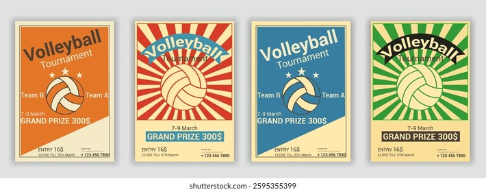 Volleyball tournament posters, flyer with volleyball ball - template vector design vintage flyer award, championship, competition, contest, message, playing, poster, success, vertical